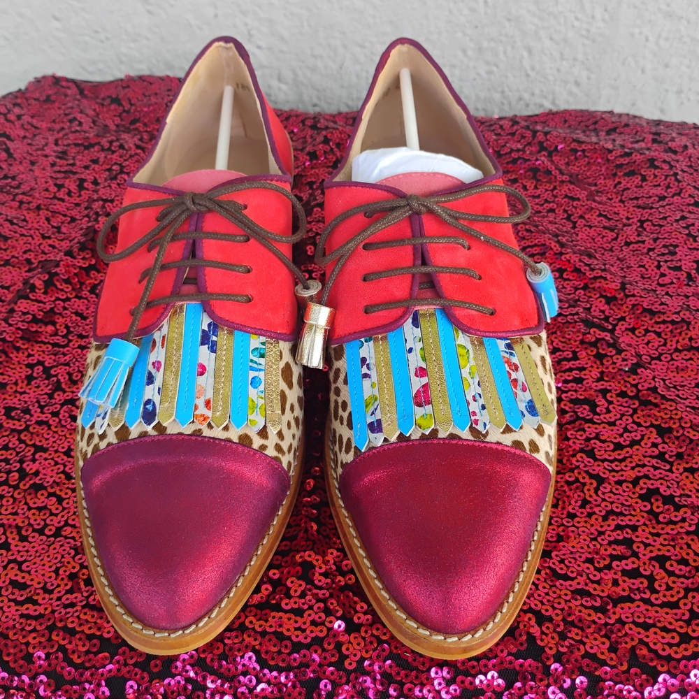 New Red Multicolor Leather & Suede Leopard Print Women Fringe Lace Up Oxford